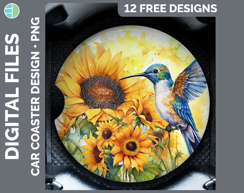 May include: A round car coaster featuring a watercolor painting of a hummingbird with blue and green feathers hovering over a cluster of yellow sunflowers. The background is a soft yellow with watercolor splatters.