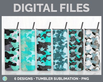 Glitter Teal Camo Tumbler PNG - Camouflage Sublimation Designs - Skinny Tumbler Bundle