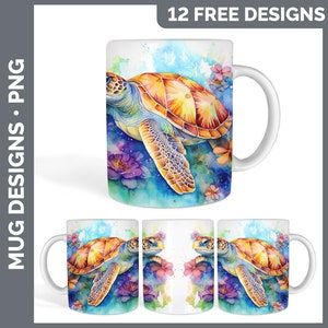 May include: A watercolor illustration of a sea turtle swimming in a blue and green ocean with pink and purple flowers. The turtle is orange, yellow, and green. This design is perfect for a mug.