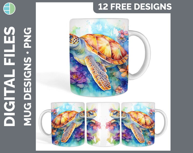 May include: A watercolor illustration of a sea turtle swimming in a blue and green ocean with pink and purple flowers. The turtle is orange, yellow, and green. This design is perfect for a mug.