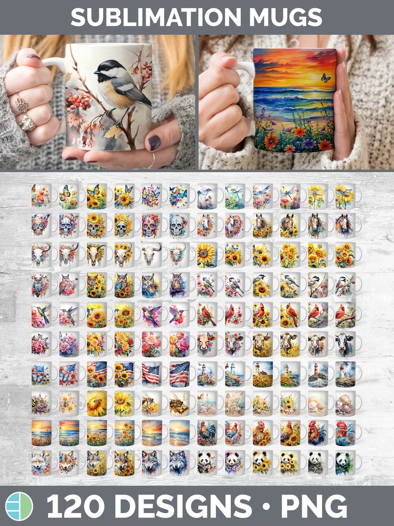 120 aquarelle Mug Wrap PNG Best Sellers Sublimation Designs Mega Bundle Ensemble de styles 1 sur 3 Tasse à café Tournesol ÉNORME Bundle Télécharger image 2