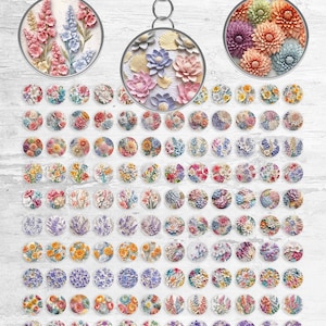 May include: 120 sublimation designs for keychains featuring floral patterns in various colors, including pink, blue, yellow, and purple. The designs are in a circle shape and are perfect for creating personalized keychains.