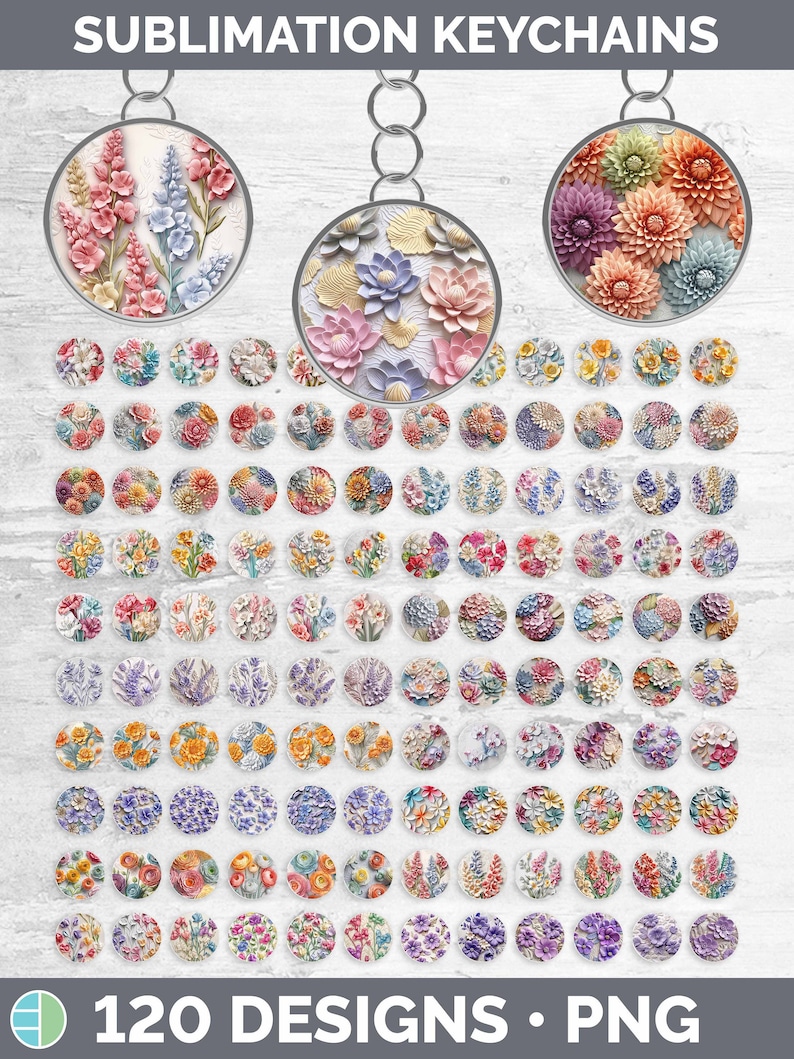 May include: 120 sublimation designs for keychains featuring floral patterns in various colors, including pink, blue, yellow, and purple. The designs are in a circle shape and are perfect for creating personalized keychains.