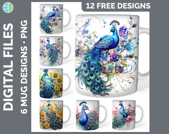 Acuarela Pavo Real Taza Wrap PNG Sublimación Diseño Paquete / Taza de Café Girasol Descarga Instantánea