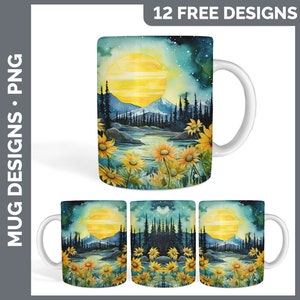 K&ouml;nnte beinhalten: Ein Aquarelldesign mit einer gelben Sonne, Bergen, B&auml;umen und Sonnenblumen. Das Design ist auf einer wei&szlig;en Tasse mit Henkel gedruckt. Die Tasse ist ein Sublimationsrohling, bereit zum Personalisieren.