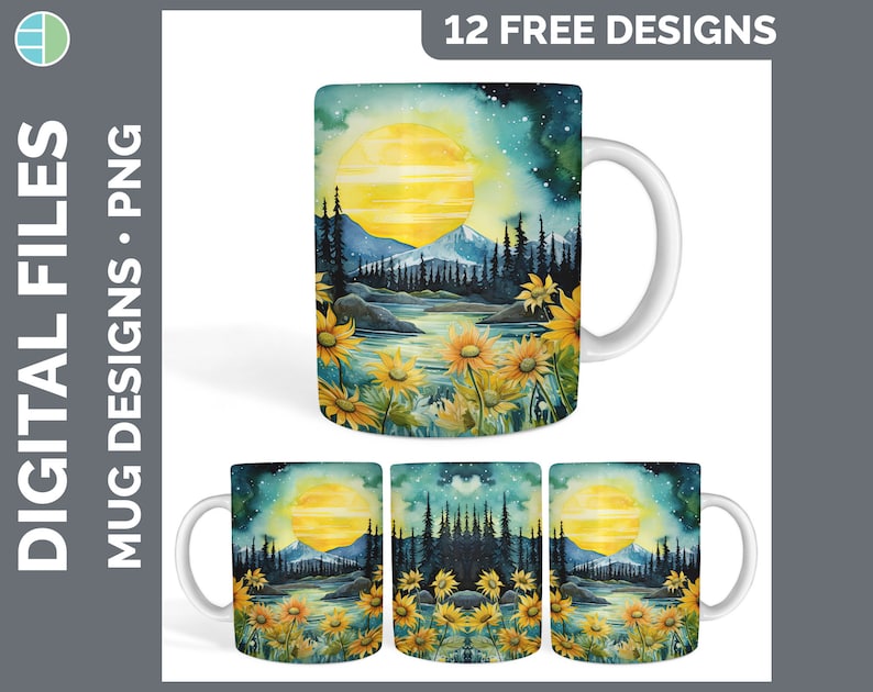 K&ouml;nnte beinhalten: Ein Aquarelldesign mit einer gelben Sonne, Bergen, B&auml;umen und Sonnenblumen. Das Design ist auf einer wei&szlig;en Tasse mit Henkel gedruckt. Die Tasse ist ein Sublimationsrohling, bereit zum Personalisieren.