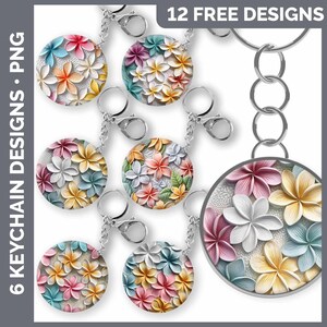 May include: Twelve free designs for keychains featuring colorful floral patterns. The designs are printed on round, white keychains with a silver metal ring.