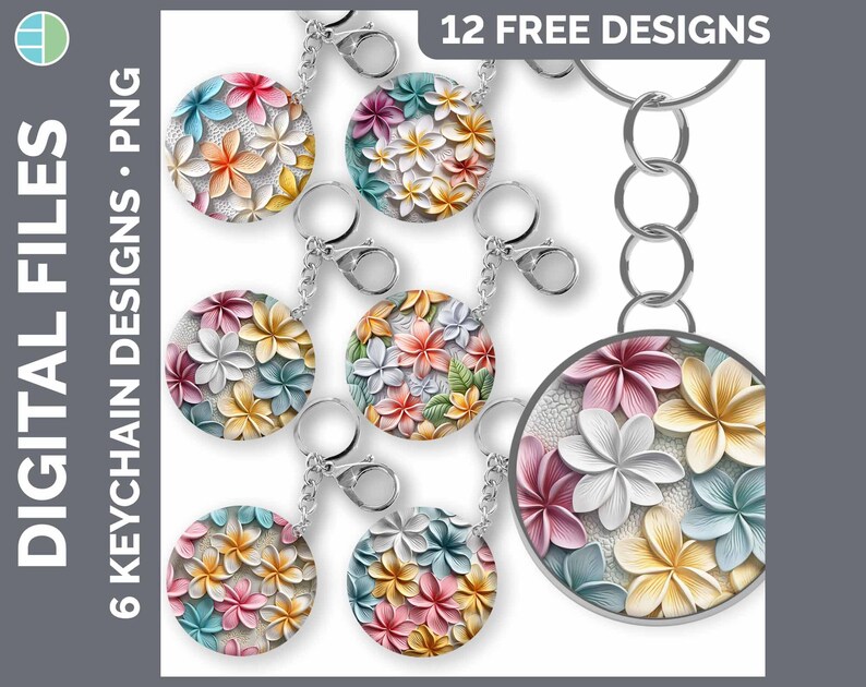 May include: Twelve free designs for keychains featuring colorful floral patterns. The designs are printed on round, white keychains with a silver metal ring.