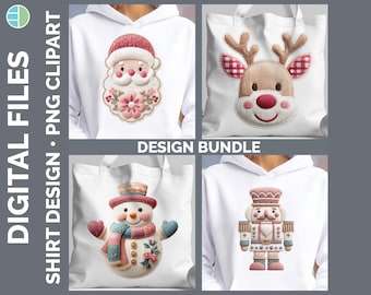Vintage Christmas PNG Bundle | 4 Designs | Patchwork Santa Nutcracker Snowman Reindeer | Holiday Shirt Sublimation Download