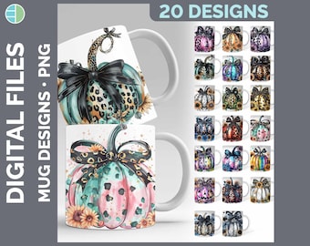 Coquette Pumpkin Mug Wrap PNG | 20 Designs | Leopard Bow Fall Sublimation | Halloween Coffee Cup Download