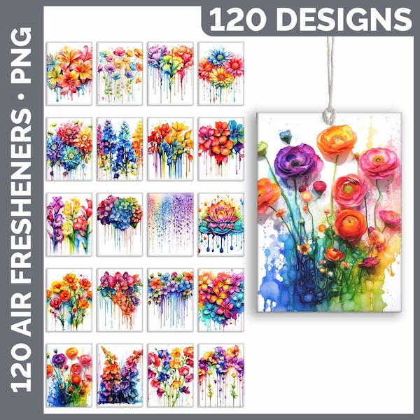 120 Rainbow Floral Air Freshener PNG Sublimation Designs Mega Bundle | Pink • Red • Orange • Yellow • Blue • Green • Purple • Black • Brown
