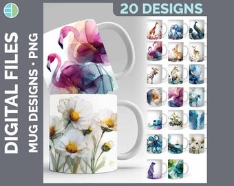 Alcohol Ink Best Sellers Mug Wrap PNG Bundle, 20 Sublimation Designs, Giraffe Flamingo Octopus Download, Nature Lover Mug Art