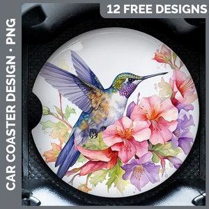 May include: A white car coaster with a watercolor design of a hummingbird with purple, blue, and green wings, flying over pink and purple flowers.