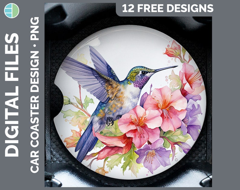 May include: A white car coaster with a watercolor design of a hummingbird with purple, blue, and green wings, flying over pink and purple flowers.
