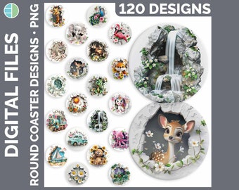 3D Hole in the Wall Coaster Bundle Sublimation PNG Best Sellers Sublimation Designs | Style Set 2 of 3 | Round Coasters HUGE Bundle Download
