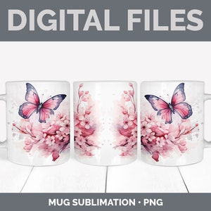 Pu&ograve; includere: Tre tazze bianche con un design di farfalla rosa e fiori di ciliegio rosa. Le tazze sono per la stampa per sublimazione.
