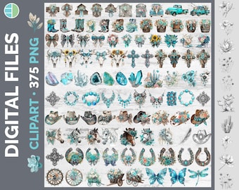 Turquoise Western Clipart Bundle, 375 Boho Cowgirl PNG Elements, Sublimation Clipart Digital Download, Western PNG Clipart Set