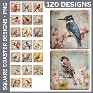 May include: A set of 120 digital designs featuring square coasters with various bird illustrations. The birds are depicted in a vintage style with floral accents and a soft color palette. The designs include a variety of birds, such as owls, bluebirds, cardinals, and sparrows.