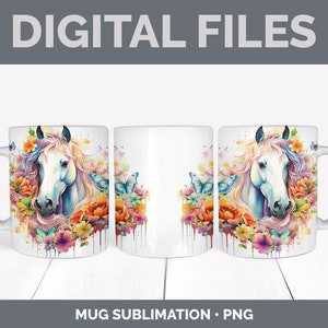 May include: A sublimation design featuring a white horse with a colorful floral mane and butterflies. The design is on a white mug with a handle.
