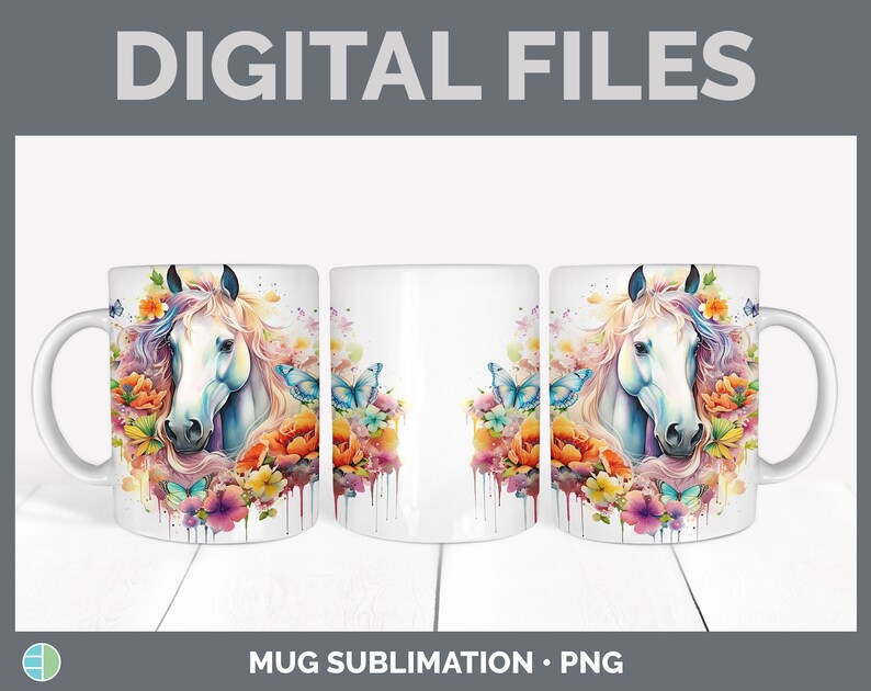 May include: A sublimation design featuring a white horse with a colorful floral mane and butterflies. The design is on a white mug with a handle.
