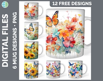 Watercolor Butterfly Mug Sublimation Backgrounds PNG Designs, Sunflower Mug Background, Butterflies Instant Download PNG