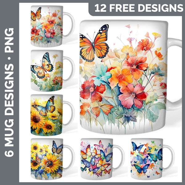 Watercolor Butterfly Mug Sublimation Backgrounds PNG Designs, Sunflower Mug Background, Butterflies Instant Download PNG