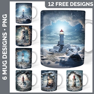 May include: Six different designs for sublimation mugs featuring a lighthouse in a snowy winter scene. The lighthouse is white with a red roof and is surrounded by snow-covered rocks and ice. The designs are perfect for creating unique and personalised mugs.