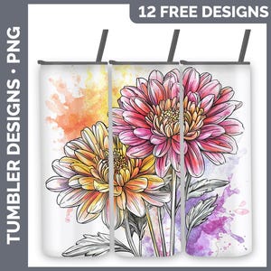 Watercolor Splash Flowers 01 Chrysanthemum Tumbler | Sublimation 20 oz Skinny Tumbler Designs