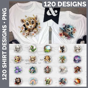 Puede incluir: 120 Diseños - Una colección de 120 diseños digitales con varios animales, plantas y otras ilustraciones. Los diseños se muestran sobre un fondo blanco con un efecto de papel rasgado. Los diseños son perfectos para usar en camisetas, tazas, bolsas de mano y otros productos.