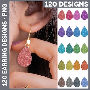 May include: 120 digital earring designs in various colors and glitter textures. The designs are in the shape of a teardrop.