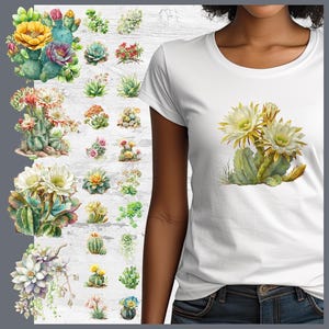Może przedstawiać: Biały t-shirt z krótkim rękawem z grafiką kwitnącego kaktusa z bladożółtymi kwiatami. Po lewej stronie znajduje się kolekcja dwudziestu różnych ilustracji kaktusów i sukulentów, prezentująca zróżnicowane kształty, rozmiary i kolory.