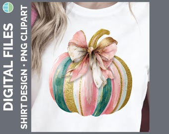 Adrettes Kürbis PNG Shirt Design, Kokette Pinselstrich Herbst Sublimation, Pastell Blush Pink Gold Digitaler Download, Herbst Shirt PNG