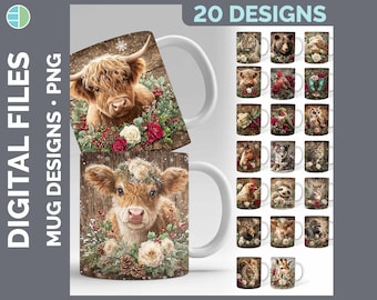 Rustic Christmas Popular Animals Mug Wrap PNG Bundle, 20 Sublimation Designs, Tiger Owl Sloth Download, Wildlife Lover Holiday Mug