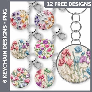 May include: Twelve free designs for printable keychains featuring a floral pattern with pink, blue, and yellow flowers on a white background.  The text "12 FREE DESIGNS" is at the top of the image.