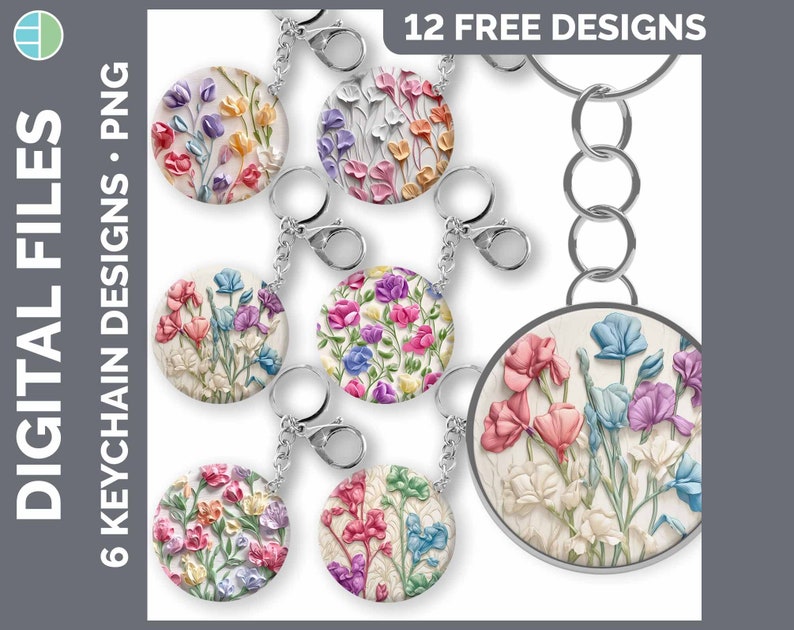 May include: Twelve free designs for printable keychains featuring a floral pattern with pink, blue, and yellow flowers on a white background.  The text "12 FREE DESIGNS" is at the top of the image.