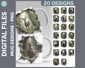 3D Hole Woodland Mug Wrap PNG Bundle, 20 Sublimation Designs, Moose Raccoon Chipmunk Download, Wildlife Lover Mug Art