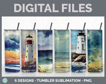Watercolor Lighthouse Tumbler Bundle, Sublimation, Ocean 20 oz Skinny Tumbler Designs, Light House Tumbler PNG