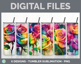 Rainbow Roses Tumbler Bundle, Sublimation, Flower 20 oz Skinny Tumbler Designs, Rainbow Tumbler Background Instant Download
