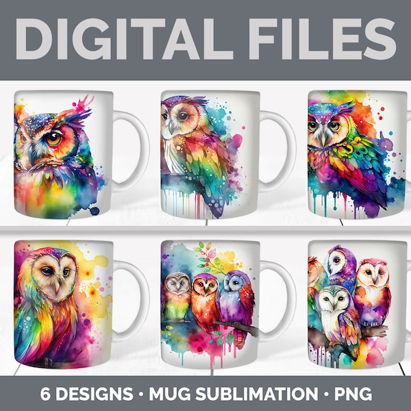 Rainbow Owl Mug Sublimation Backgrounds PNG Designs Watercolor Mug Background Instant Download PNG