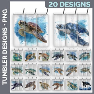 Peut inclure: Un ensemble de 20 motifs numériques pour gobelets présentant des illustrations à l'aquarelle de tortues marines nageant dans l'eau bleue. Les graphiques affichent diverses poses de tortues et scènes aquatiques, sous forme de fichiers imprimables.