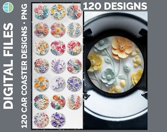 3D Flowers Car Coaster Bundle Sublimation Designs | Style Set 1 of 3 | 3D Floral Coaster PNG Download