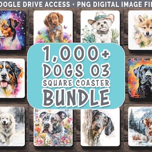 Pode incluir: Uma coleção de bases quadradas com retratos em aquarela de várias raças de cães. As bases estão dispostas em uma superfície de madeira e incluem o texto "1,000+ DOGS 03 SQUARE COASTER BUNDLE". A imagem também inclui o texto "GOOGLE DRIVE ACCESS • PNG DIGITAL IMAGE FILES".