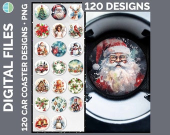 May include: A set of 120 digital car coaster designs featuring a variety of Christmas themes, including Santa Claus, reindeer, snowmen, and Christmas trees. The designs are in PNG format and are perfect for creating personalized car coasters.