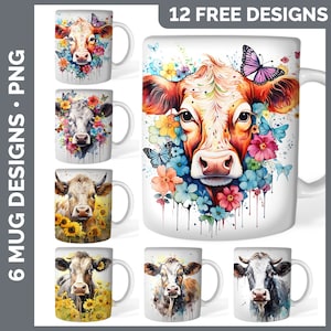 Watercolor Cow Mug Wrap PNG Sublimation Design Bundle | Sunflower Coffee Cup Instant Download