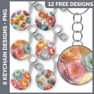 May include: Twelve free designs for keychains featuring six different floral patterns with pastel pink, yellow, and blue flowers. The designs are shown on silver keychains.