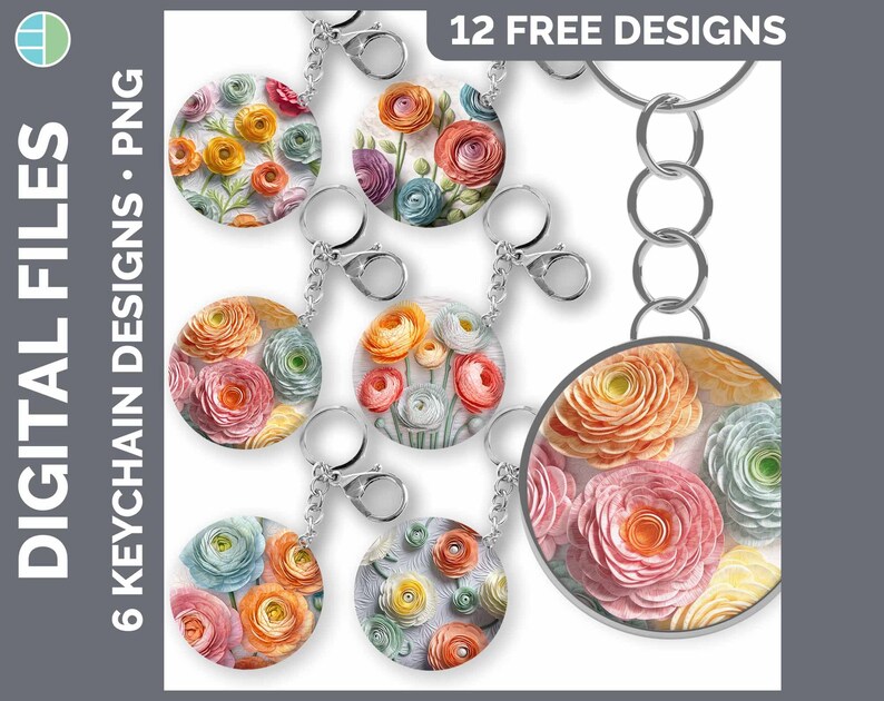 May include: Twelve free designs for keychains featuring six different floral patterns with pastel pink, yellow, and blue flowers. The designs are shown on silver keychains.