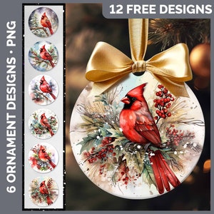 Weihnachtskardinal Ornament PNG Sublimationsdesign Bündel | Aquarell Winter Ornament Sofort Download