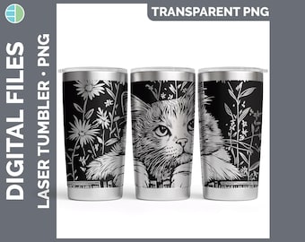 Puede incluir: Tres vasos de acero inoxidable con un diseño en blanco y negro de un gato con flores. El gato mira hacia la derecha y tiene un diseño detallado.
