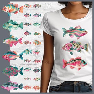 Pacchetto di clipart di pesci in stile preppy, 22 illustrazioni di pesci in formato PNG, download digitale in stile preppy costiero, set di clipart con motivi di pesci