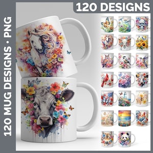 120 aquarelle Mug Wrap PNG Best Sellers Sublimation Designs Mega Bundle Ensemble de styles 1 sur 3 Tasse à café Tournesol ÉNORME Bundle Télécharger image 1